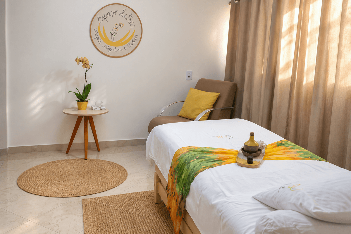 Sala de terapia do Espaço Litsea com maca, poltrona, orquídea e a logo na parede